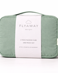 Green packing cube with 'Flyaway' branding on a white background