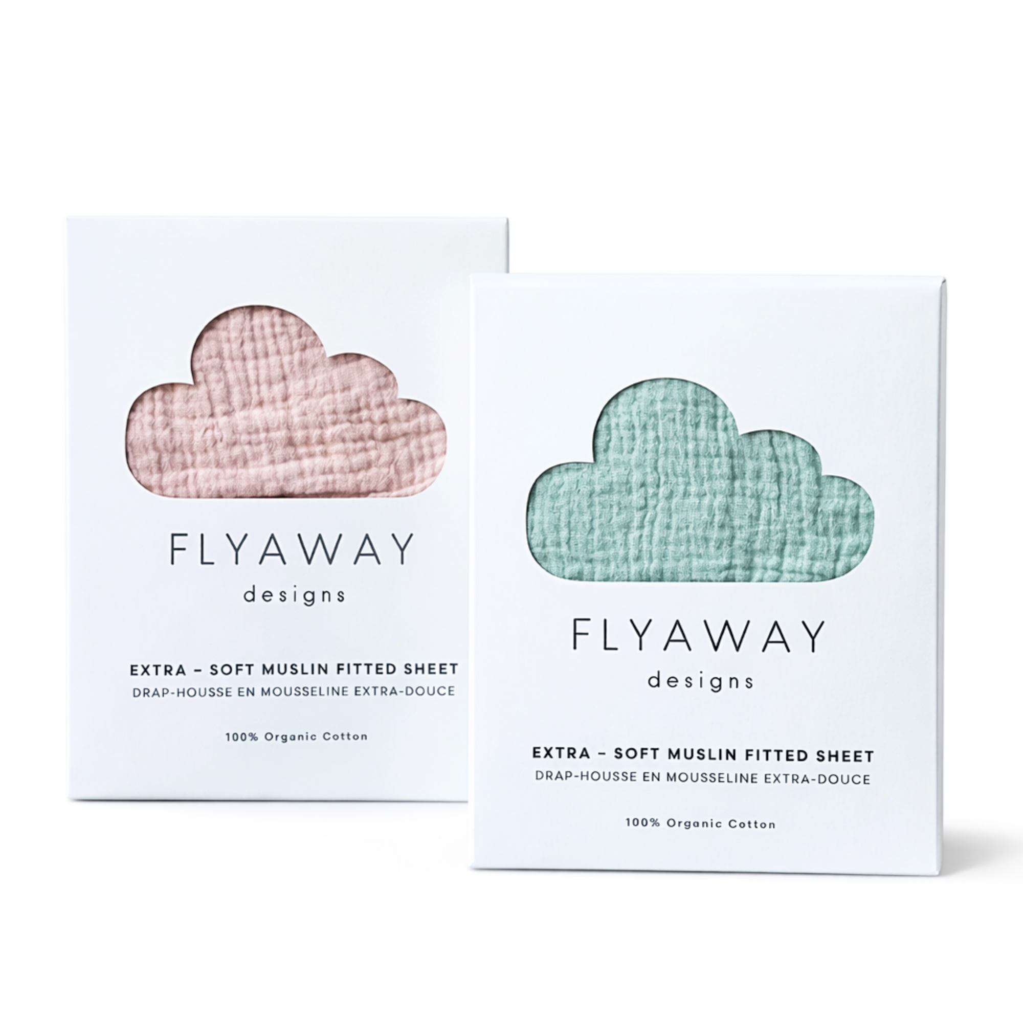 Two boxes of Flyaway Designs muslin fitted sheets, one pink and one green, on a white background.