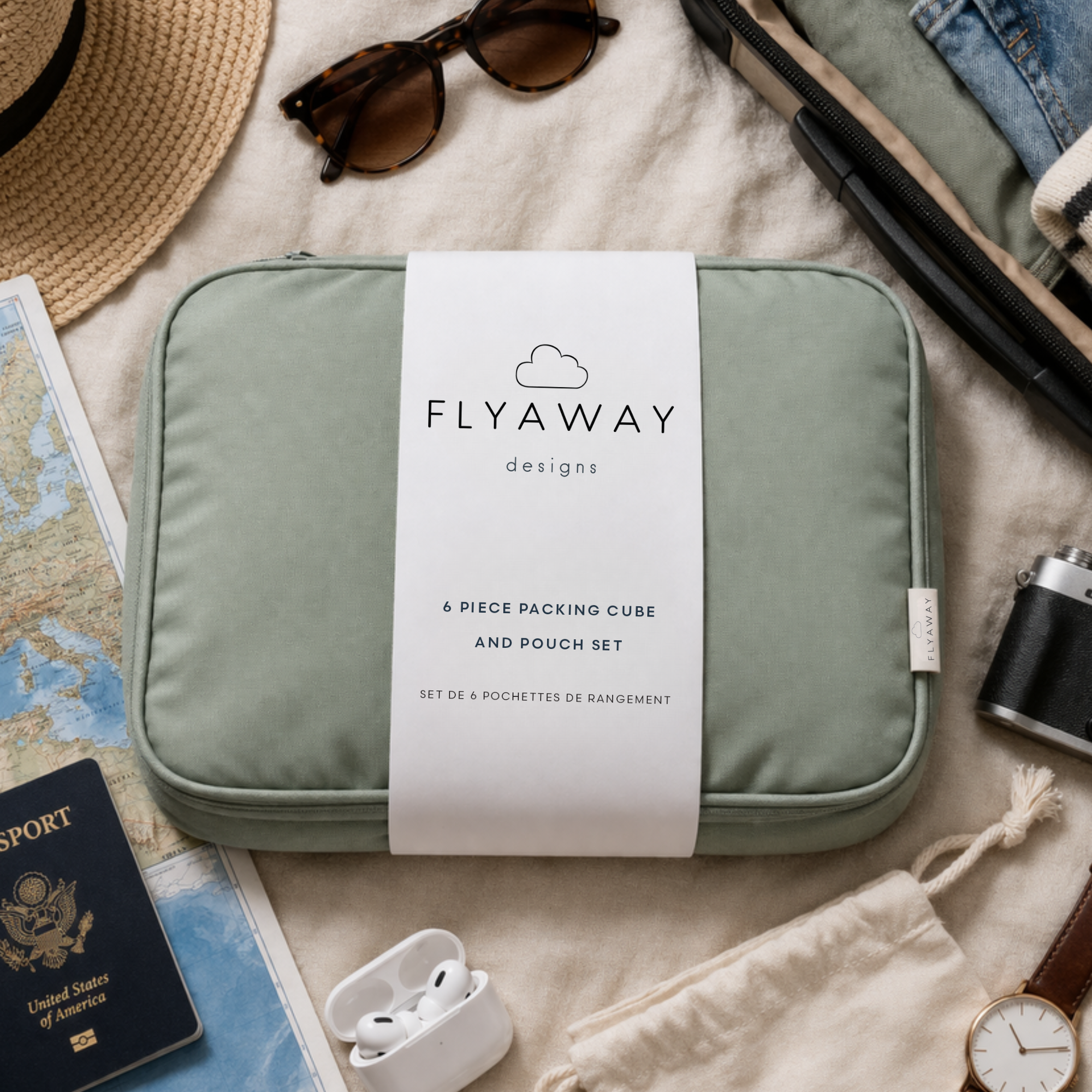 Green packing cube with 'Flyaway' label on a travel-themed surface with accessories.