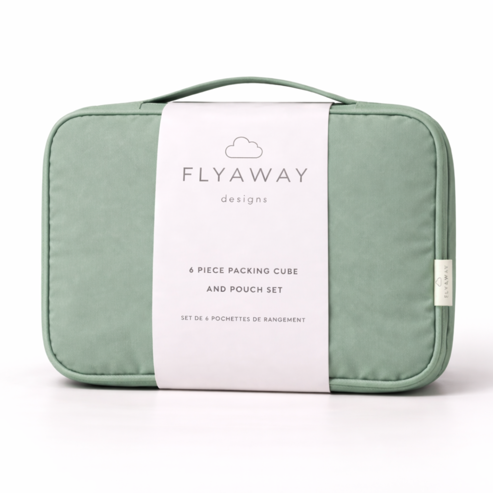 Green packing cube with 'Flyaway' branding on a white background